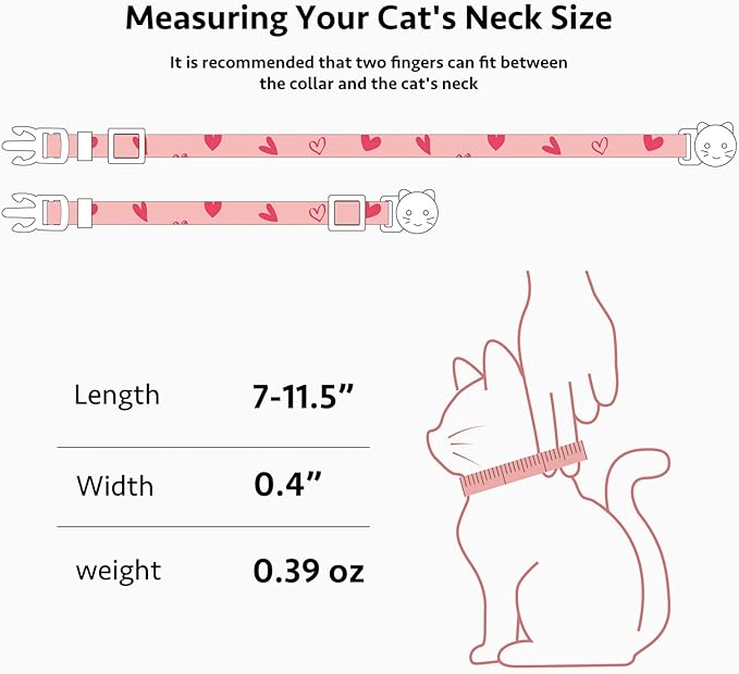 2 Pack Cotton Breakaway Cat Collar Pink and Gray Heart Shaped Pendant Cute - Image 3