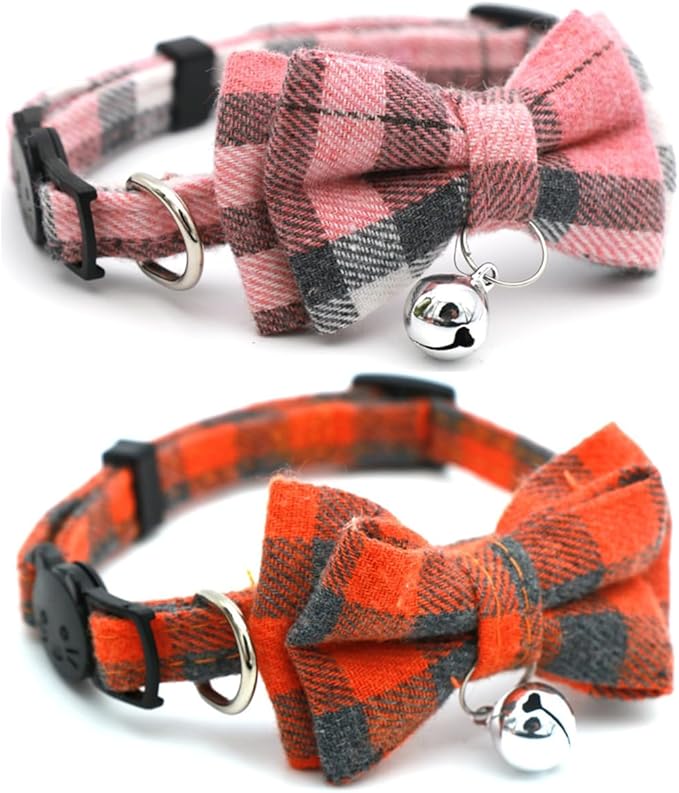 2-Pack Plaid Cat Collar with Bell and Bow, Breakaway Kitten Collar with Bell by YOUALSO