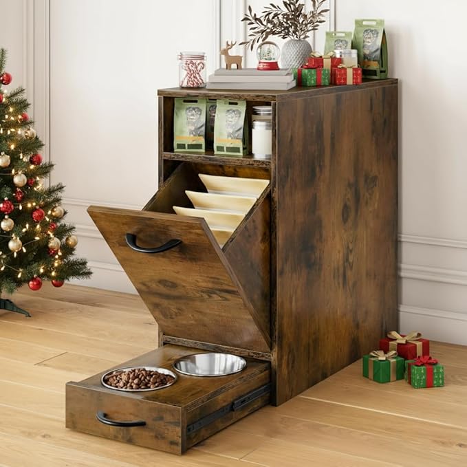 DWVO Dog Feeding Station with Storage, Dog Food Cabinet with 2 Feeder Bowls by DWVO