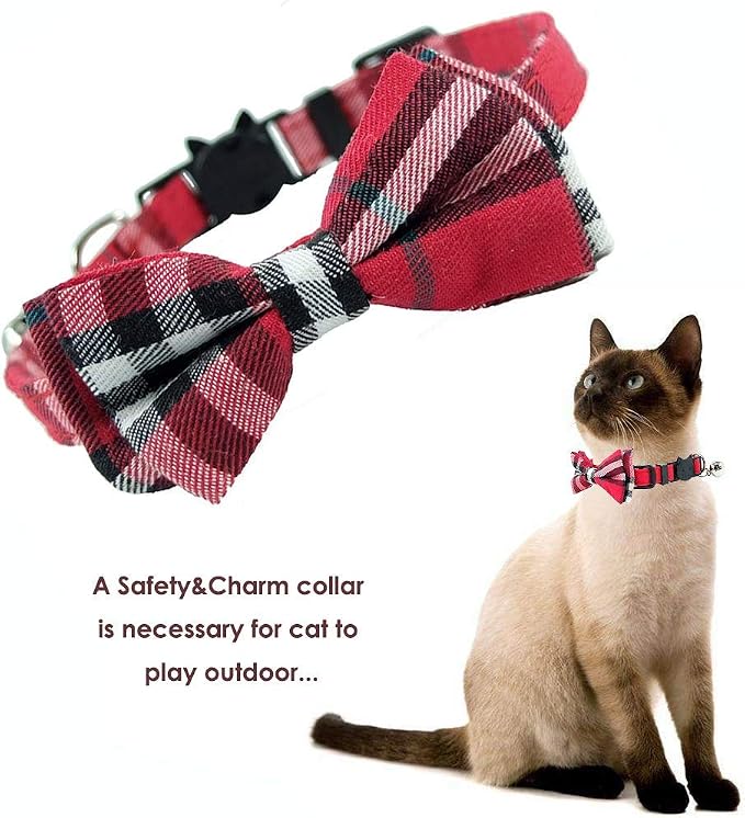 Cat Collar Breakaway with Bell and Bow Tie, Plaid Design Adjustable Safety - Image 4