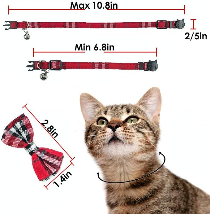 Cat Collar Breakaway with Bell and Bow Tie, Plaid Design Adjustable Safety - Image 7