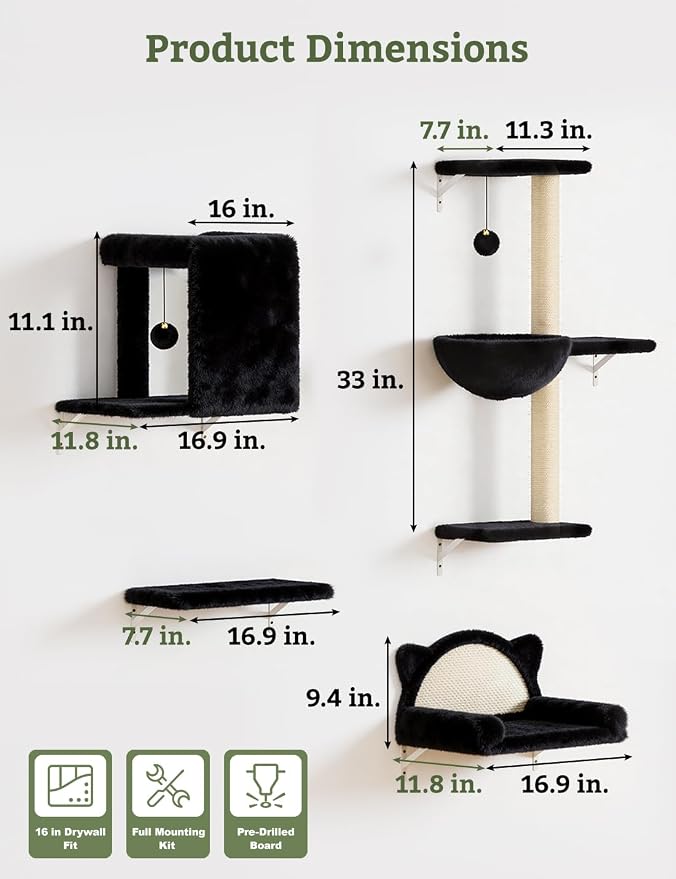 5-in-1 Cat Wall Shelves, Solid Wood & Velvet & Sisal Scratcher, 44lbs Max Load - Image 5