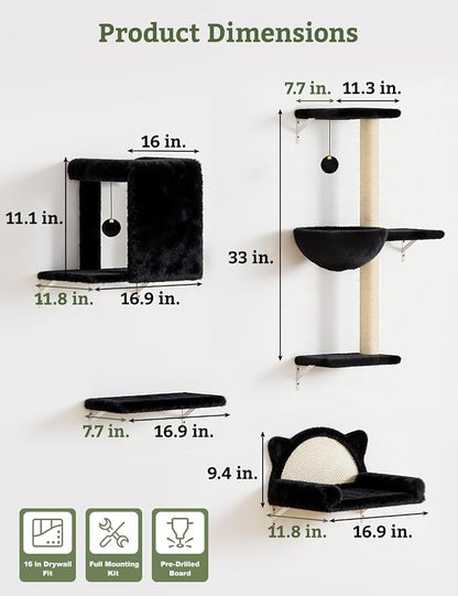 5-in-1 Cat Wall Shelves, Solid Wood & Velvet & Sisal Scratcher, 44lbs Max Load - Image 5