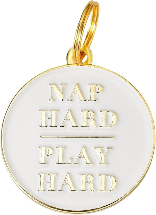 Two Tails Pet Company Personalized 'Nap Hard, Play Hard' Pet ID Tag & Collar by TwoTailsPetCompany