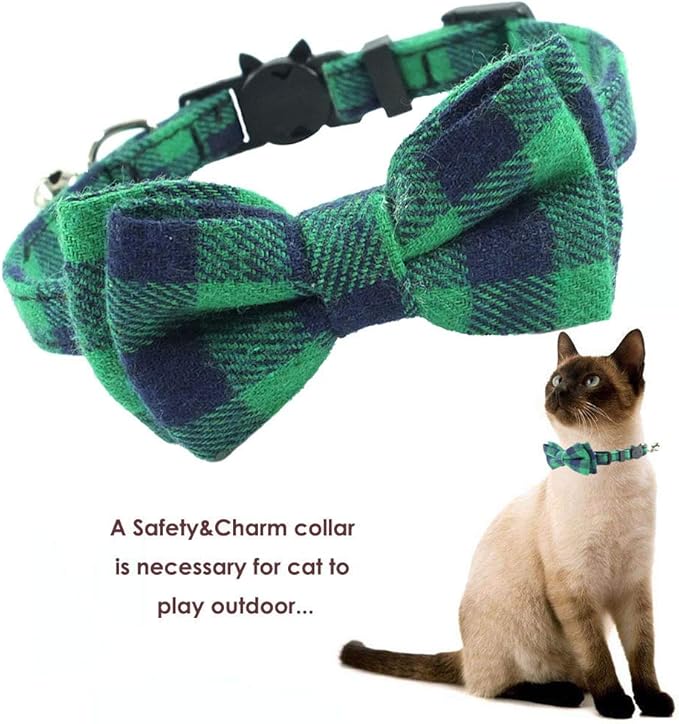 Cat Collar Breakaway with Bell and Bow Tie, Plaid Design Adjustable Safety - Image 4