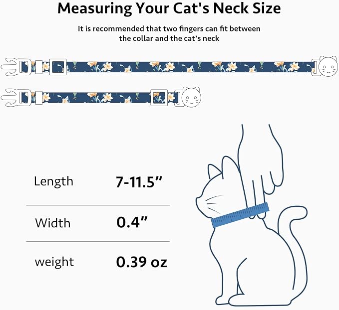 2 Pack Cotton Breakaway Cat Collar White and Blue Flowers Pendant Cute Kitten - Image 3