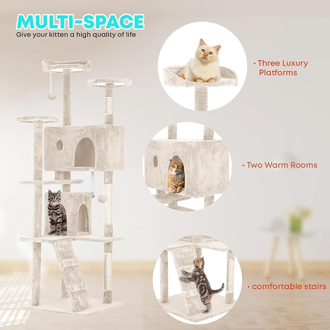 FDW | 70" Cat Tree Tower | Beige | Multi-Level Indoor Activity Center - Image 5