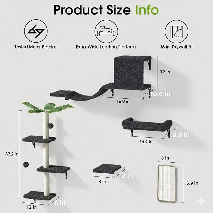 5-in-1 Cat Wall Shelves for 16 Inch Drywall: Space-Saving Wall Mounted Cat - Image 2