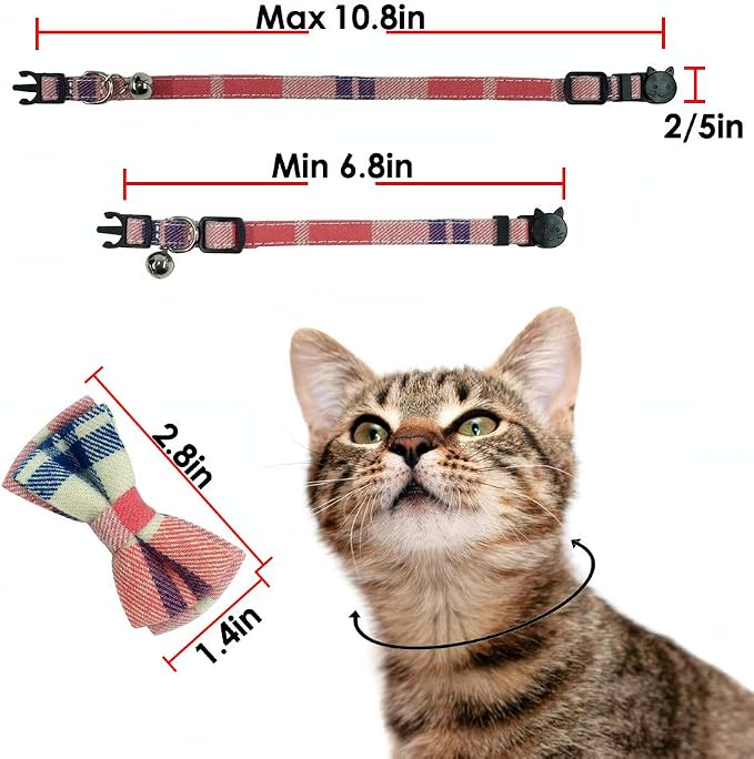 Cat Collar Breakaway with Bell and Bow Tie, Plaid Design Adjustable Safety - Image 7