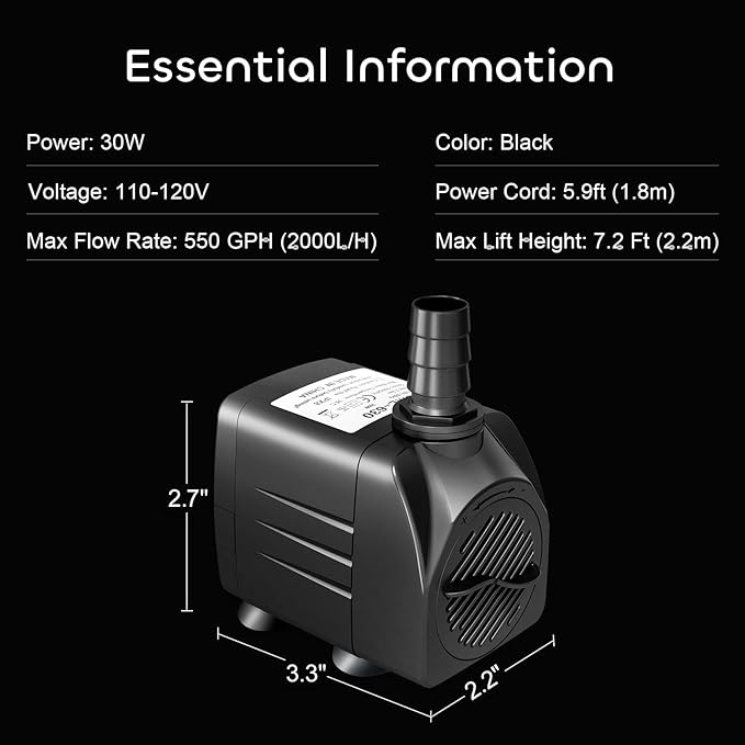 GROWNEER 550GPH Submersible Pump 30W Fountain Water Pump, - Image 6