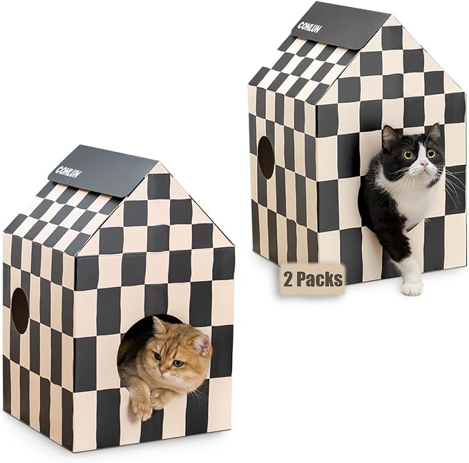 Cardboard Cat House with Scratch Pad & Catnip, Cat Play Scratching House by Conlun