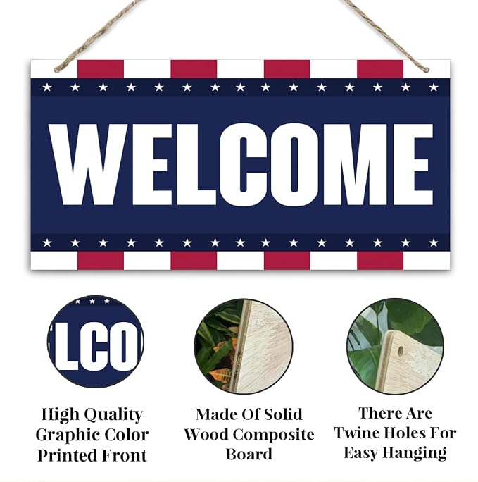 Welcome Sign for Front Door, Welcome Decor Wooden Hanging Sign, Patriotic - Image 3
