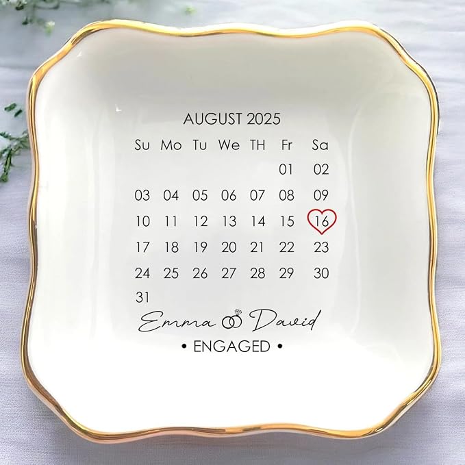 Custom Date Calendar Ring Dish Engagement Gift, Announcement Engaged Trinker by Anniversaree