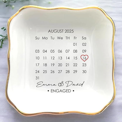 Custom Date Calendar Ring Dish Engagement Gift, Announcement Engaged Trinker by Anniversaree