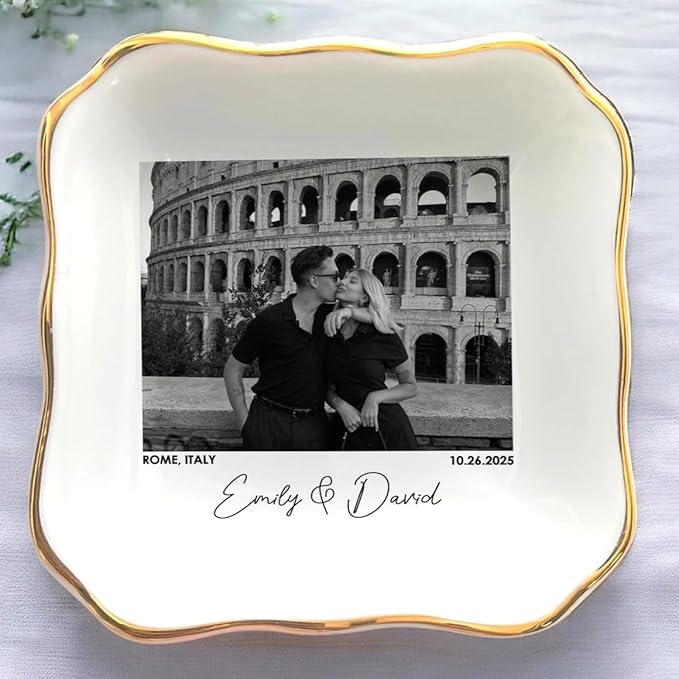 Custom Couple Portrait Photo Ring Dish, Personalized Picture Trinket Tray by Anniversaree