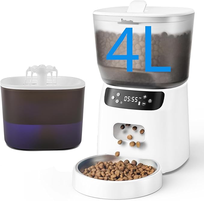 Automatic Cat Feeder and Water Fountain, 4L/16 Cups Timed Cat Dry Food Dispenser by CORGOTE