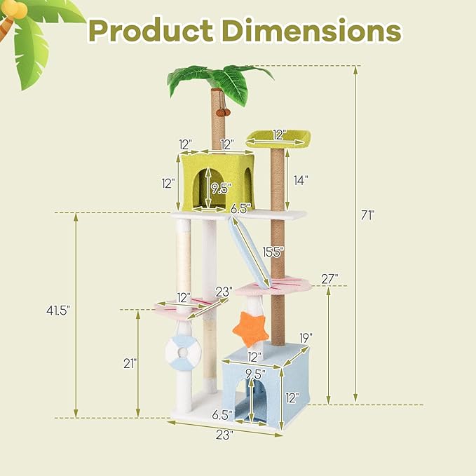 Tangkula 71 Inch Tall Cat Tree, 2 Cat Condos, Artificial Plant, Hanging Toys - Image 4