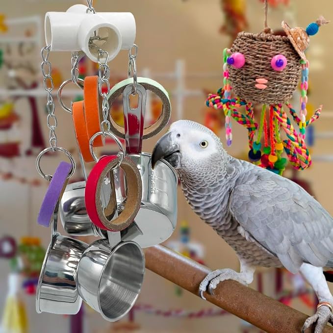 Durable Bird Parrots Pots and Bagel Toys, Pullable Stainless Steel Cup and - Image 6