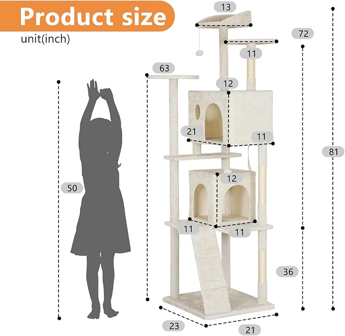 BestPet | 81" Cat Tree Tower | Cream | Sturdy, Hanging Cat Toys, Observation - Image 7