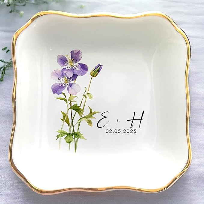 Personalized Floral Jewelry Dish, Engaged Ring Dish, Custom Trinket Dish by Anniversaree