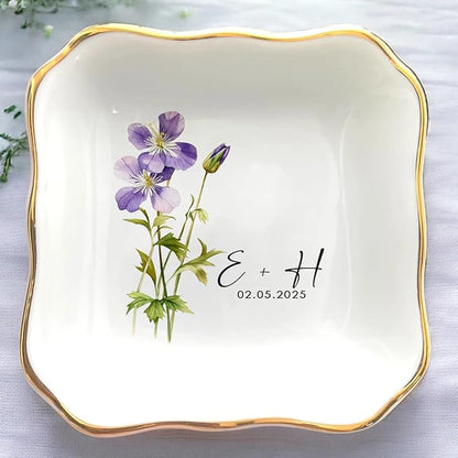 Personalized Floral Jewelry Dish, Engaged Ring Dish, Custom Trinket Dish by Anniversaree