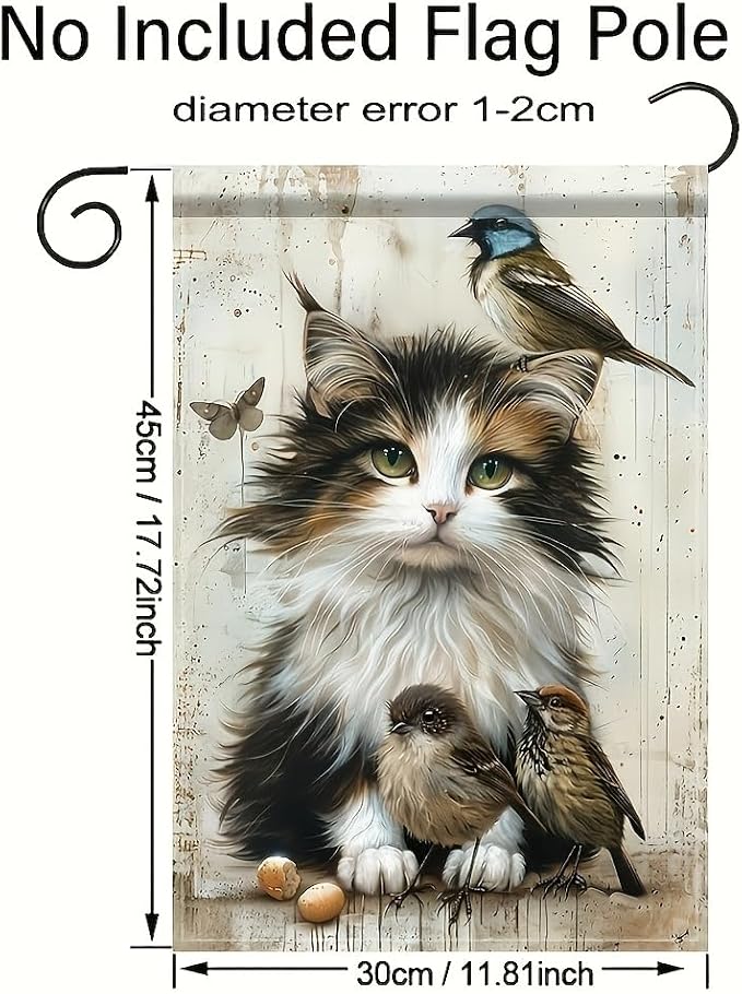 Cat and Birds Garden Flag 12x18 Inch Double Sided Outdoor Yard Banner Fluffy - Image 3