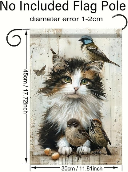 Cat and Birds Garden Flag 12x18 Inch Double Sided Outdoor Yard Banner Fluffy - Image 3