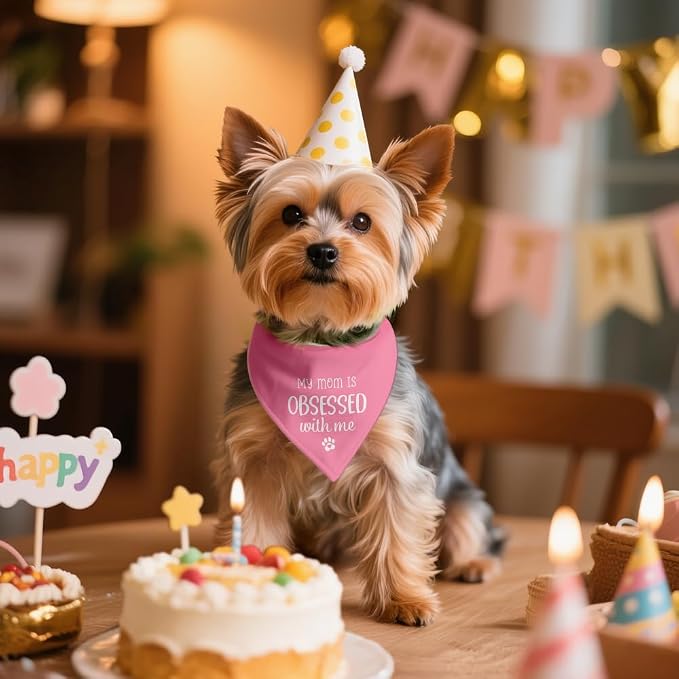 My Mom is Obsessed with Me Pink Dog Bandana, Cute Pet Scarf Accessories Photo - Image 4