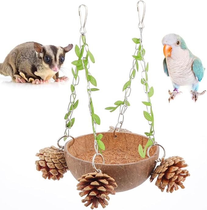 Bird Natural Coconut Nest Sugar Glider Hanging Swing Toy by VTurboWay