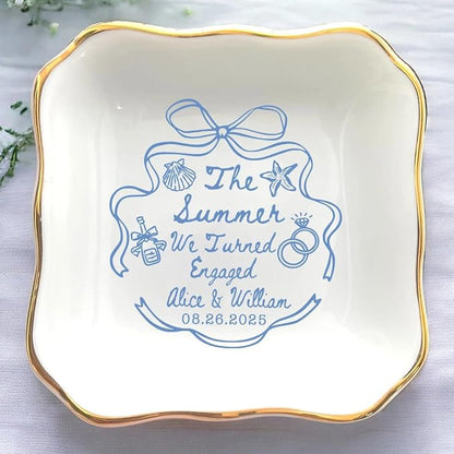Personalized Ring Dish Engagement Gift, Whimsical Doodle Engaged Ring Holder by Anniversaree