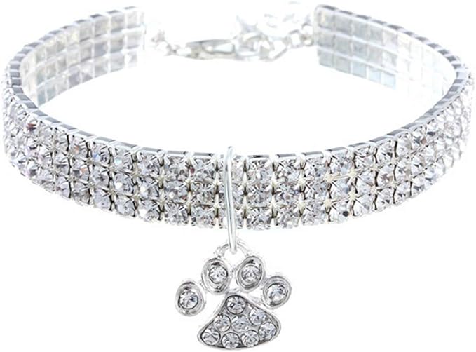 Pet Collar with Diamonds, Adjustable Crystal Diamond Elastic Heart Claw Pendant by RayMinsino