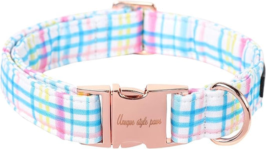 Unique style paws Dog Collar Metal Buckle Blue Pink Grid Collar Gift Durable by Uniquestylepaws