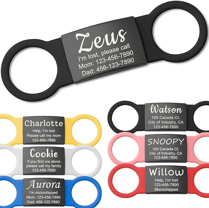 Anavia Slide On Silent Pet ID Tags, S/M/L/XL Personalized Black Stainless Steel by Anavia