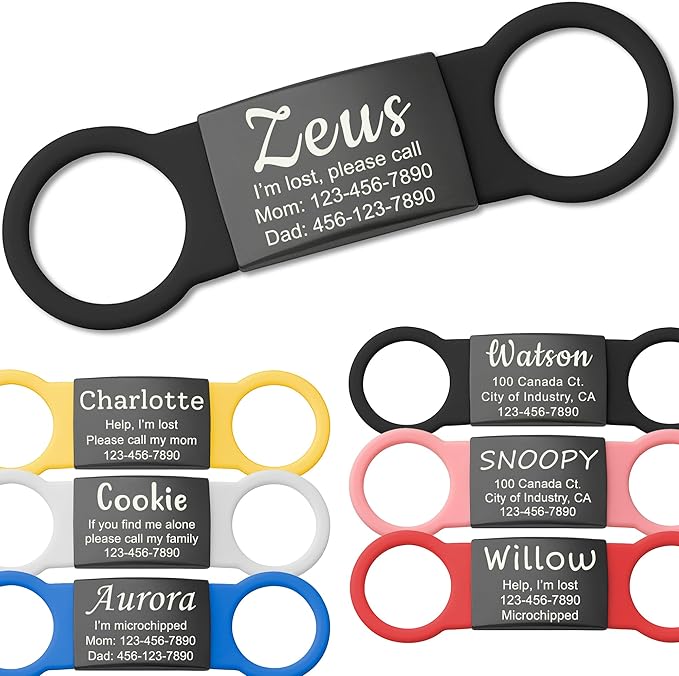 Anavia Slide On Silent Pet ID Tags, S/M/L/XL Personalized Black Stainless Steel by Anavia