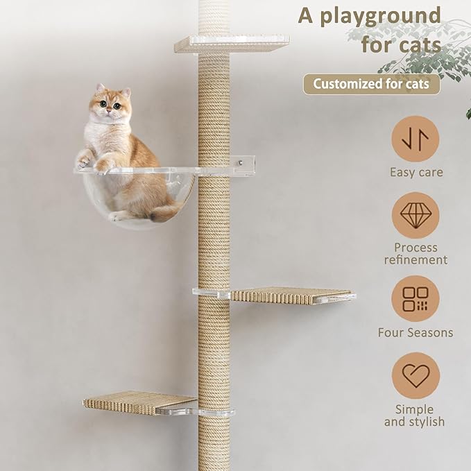 Floor to Ceiling Cat Tree, Acrylic Top Support PlateTall Cat Tower Natural - Image 6