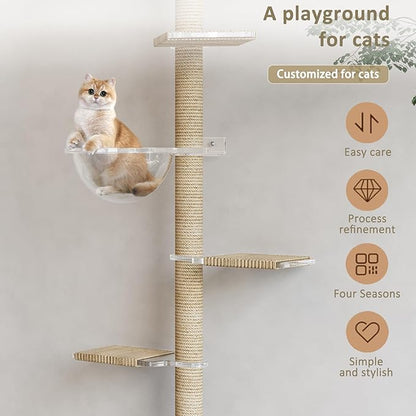 Floor to Ceiling Cat Tree, Acrylic Top Support PlateTall Cat Tower Natural - Image 6
