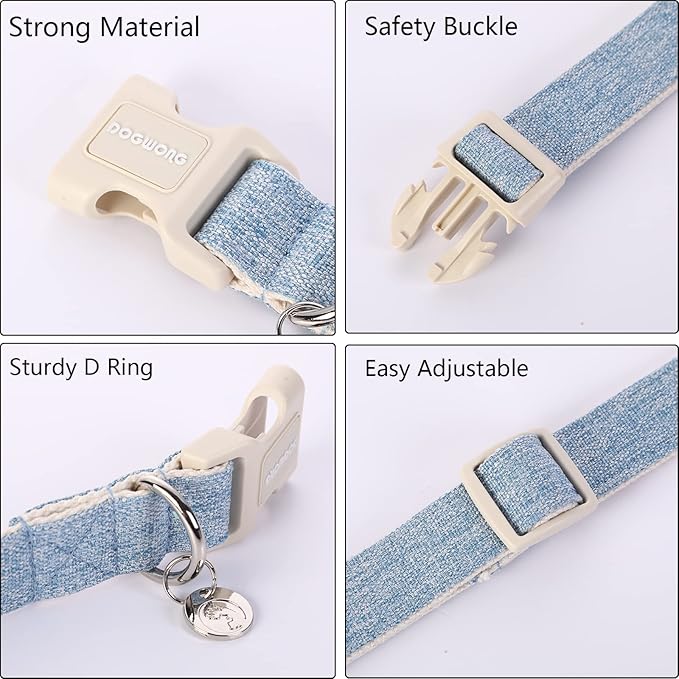 DOGWONG Cotton Hemp Dog Collar, Heavy-Duty Baby Blue Dog Collar Adjustable Soft - Image 2