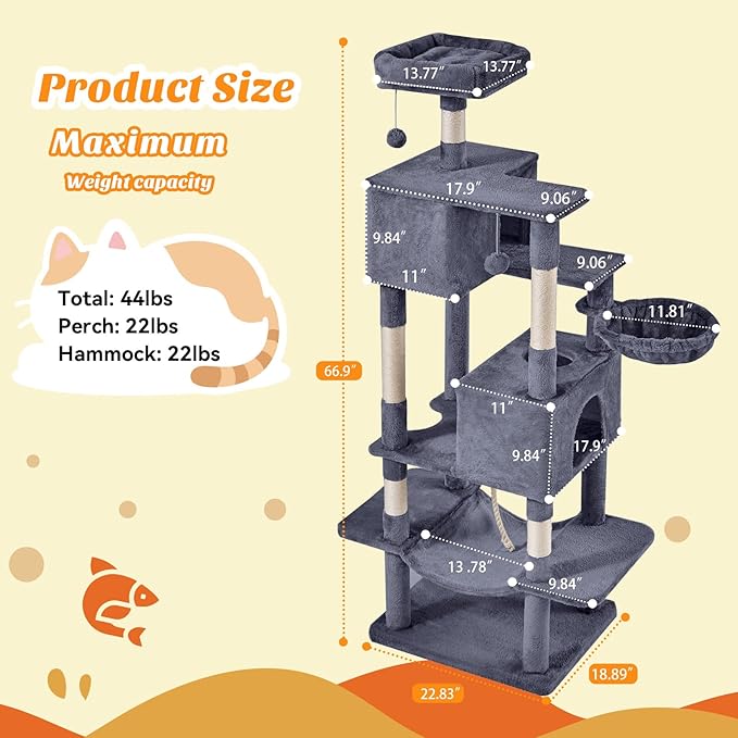 DUMOS Large 66 Inch Cat Tree Tower, Tall Multi Level Cat Climbing Tower - Image 2
