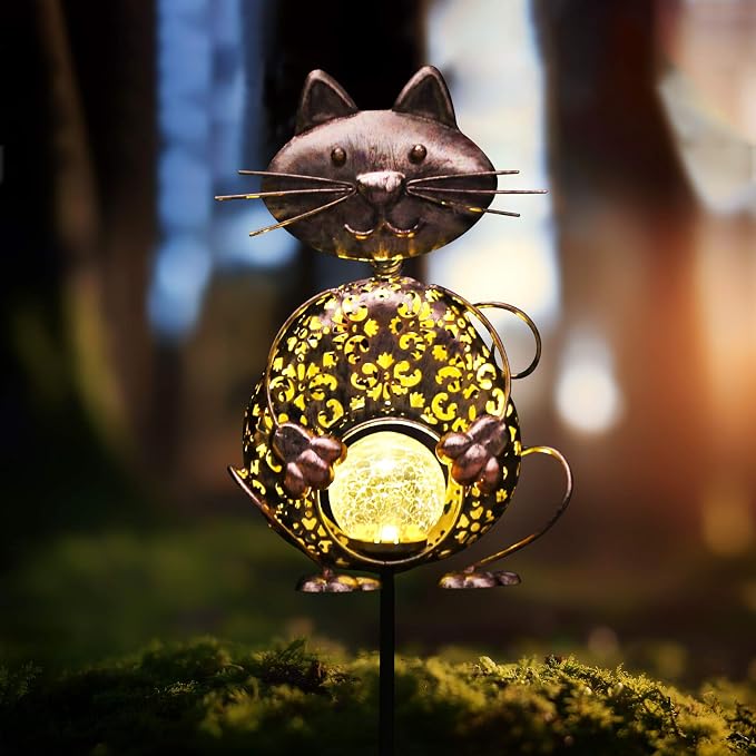 KAIXOXIN Garden Solar Lights Metal Cat Crackle Glass Globe Stake Light by KAIXOXIN