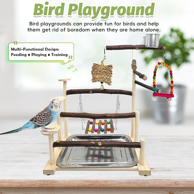 PINVNBY Bird Playground 9 PCS Parrot Perch Stand Play Gym Cockatiel Wood Bird - Image 3