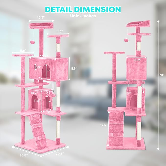 FDW | 70" Cat Tree Tower | Pink | Multi-Level Indoor Activity Center - Image 7