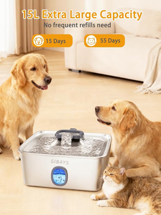 SIBAYS 4Gal/15L Large Dog Water Fountain, Stainless Steel Pet Fountain - Image 2