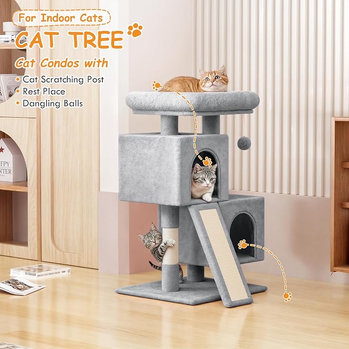 34'' Small Cat Tree with 2 Condos, Sisal Scratching Posts & Board, Sturdy Light - Image 2