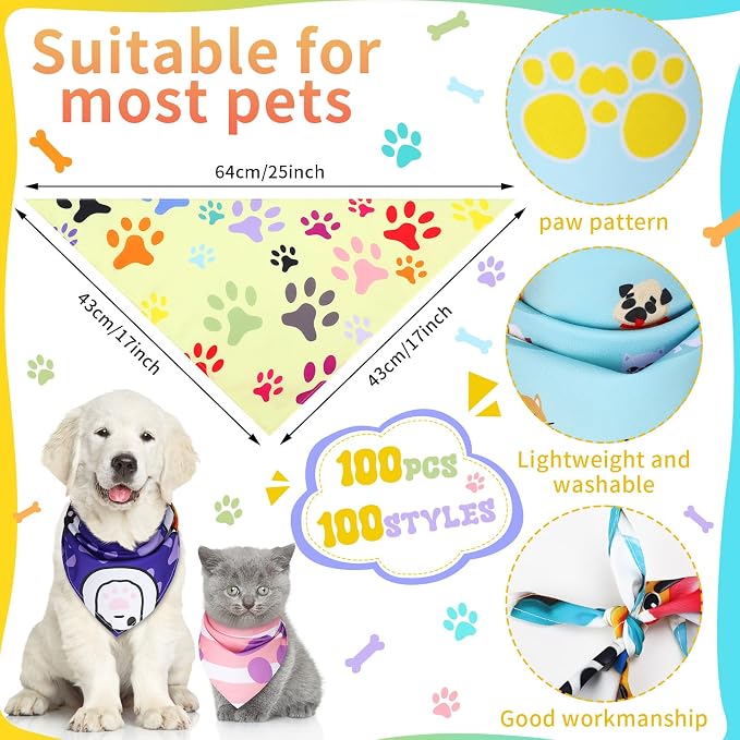 100 Pcs Paw Dog Bandanas Bulk Pet Bibs Colorful Triangle Scarf Paw Pattern Pet - Image 2
