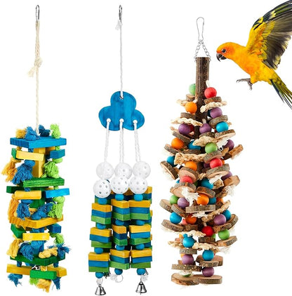 3 Pcs Extra Large Bird Parrot Toy Multicolored Natural Wooden Parrot Cage by Seenelling