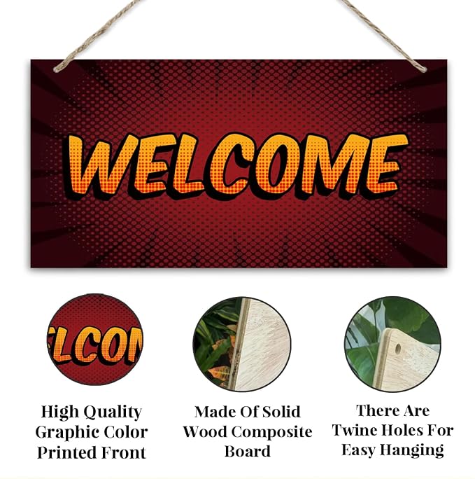 Welcome Sign for Front Door, Front Door Wooden Hanging Sign, Comic Style - Image 3