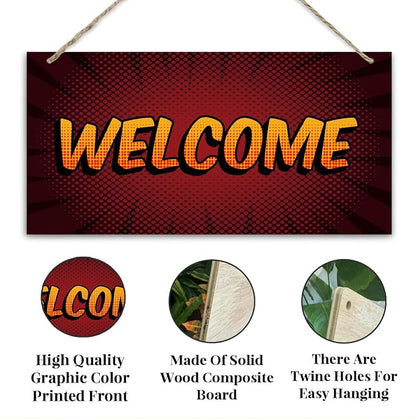 Welcome Sign for Front Door, Front Door Wooden Hanging Sign, Comic Style - Image 3