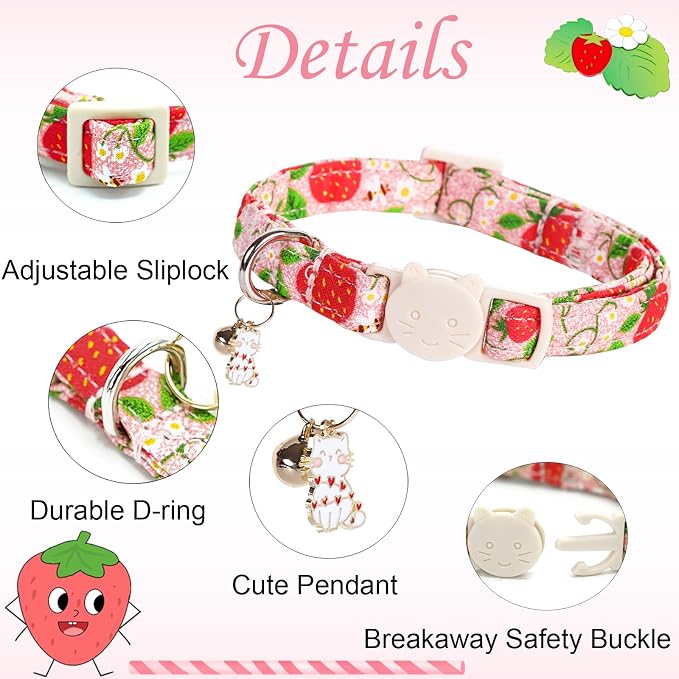 Cat Collar-2 Pack Cat Collars bee & Strawberry Cat Collar Breakaway - Image 2