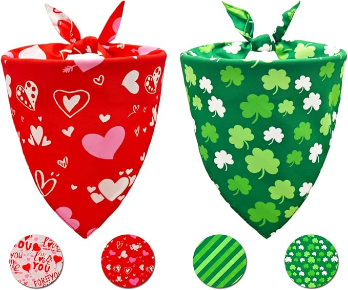 Valentine's & St. Patrick's Day Dog Bandana Set 2PCS-Small, Holiday Party by CozyHaus