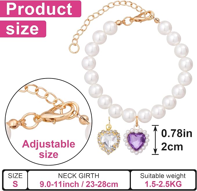 2pcs Cat Pearl Collar with Heart Pendant, Cute Pearl Pet Necklace in Small - Image 2
